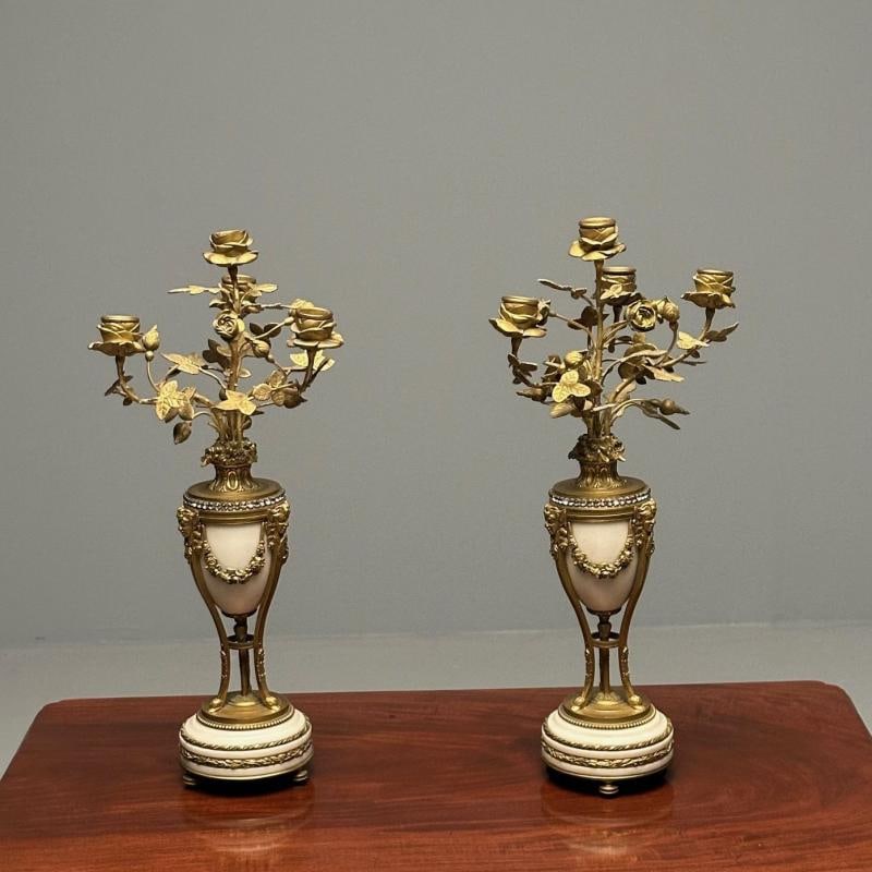 Pair of Louis XVI Style Bronze and Marble Four-Light Candelabra, Jeweled - 6