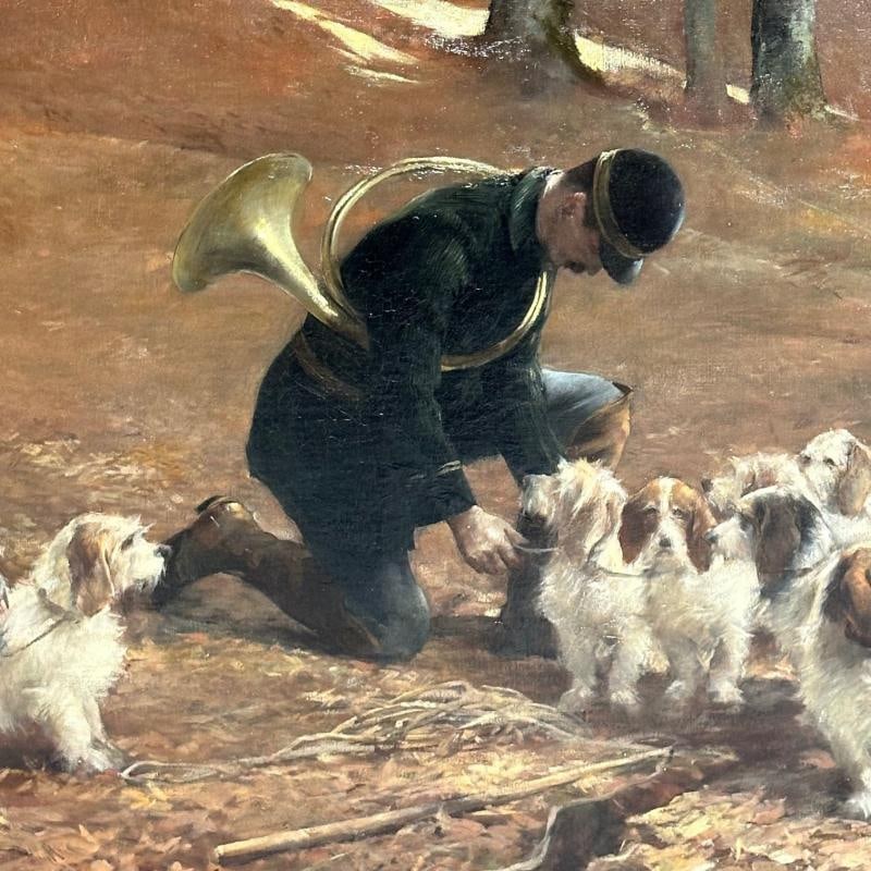 Monumental Oil Canvas, Georges Henri Fauvel, Hunting Dogs with Master, 19th Cent - 10