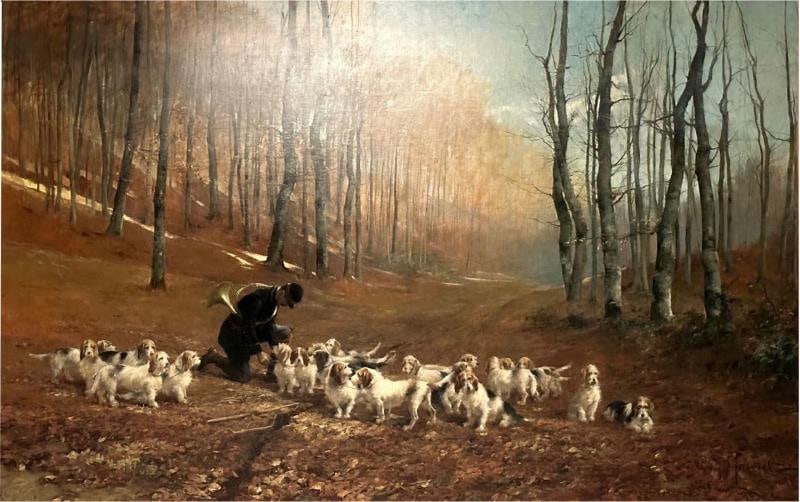 Monumental Oil Canvas, Georges Henri Fauvel, Hunting Dogs with Master, 19th Cent: Title: Monumental Oil Canvas, Georges Henri Fauvel, Hunting Dogs with Master, 19th Cent Description: Monumental Oil Canvas, Georges Henri Fauvel, Hunting Dogs with Master, 19th Cent A very large and