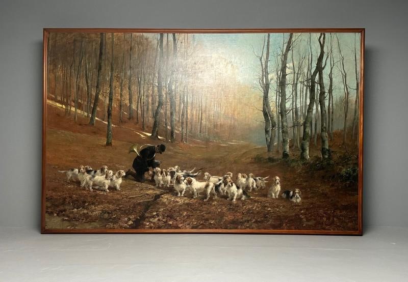 Monumental Oil Canvas, Georges Henri Fauvel, Hunting Dogs with Master, 19th Cent - 2