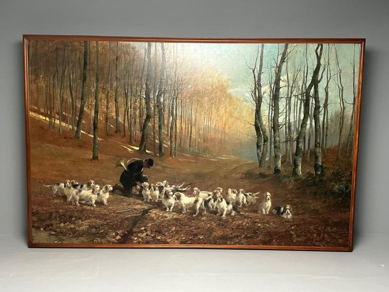 Monumental Oil Canvas, Georges Henri Fauvel, Hunting Dogs with Master, 19th Cent - 3