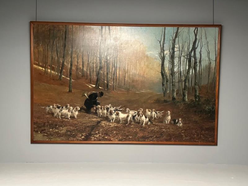 Monumental Oil Canvas, Georges Henri Fauvel, Hunting Dogs with Master, 19th Cent - 4