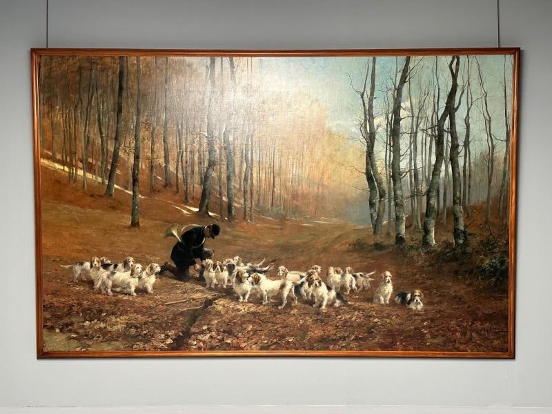 Monumental Oil Canvas, Georges Henri Fauvel, Hunting Dogs with Master, 19th Cent - 5