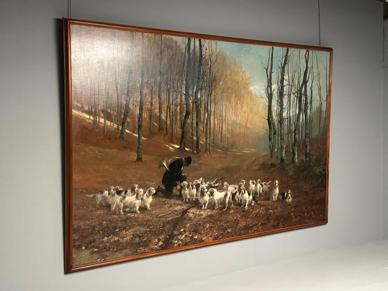 Monumental Oil Canvas, Georges Henri Fauvel, Hunting Dogs with Master, 19th Cent - 6