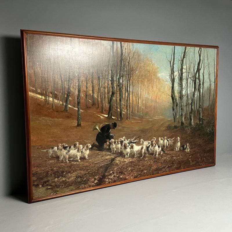 Monumental Oil Canvas, Georges Henri Fauvel, Hunting Dogs with Master, 19th Cent - 7