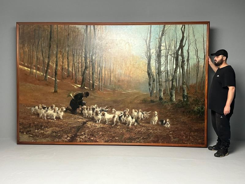 Monumental Oil Canvas, Georges Henri Fauvel, Hunting Dogs with Master, 19th Cent - 8
