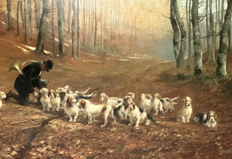Monumental Oil Canvas, Georges Henri Fauvel, Hunting Dogs with Master, 19th Cent - 9