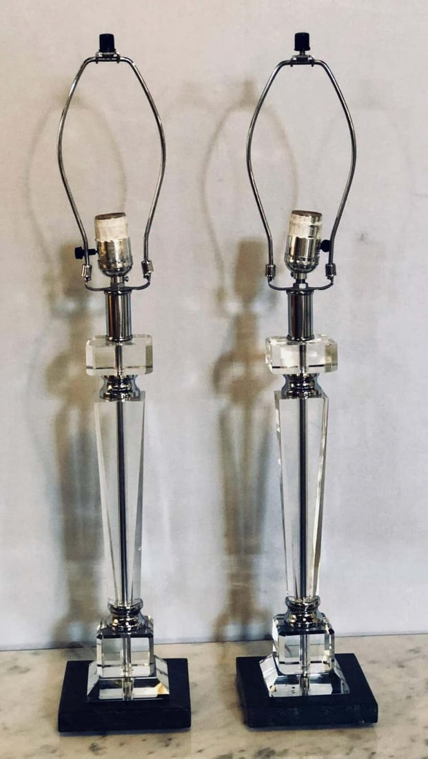 Pair of Hollywood Regency Style Glass and Chrome Table Lamps - 4