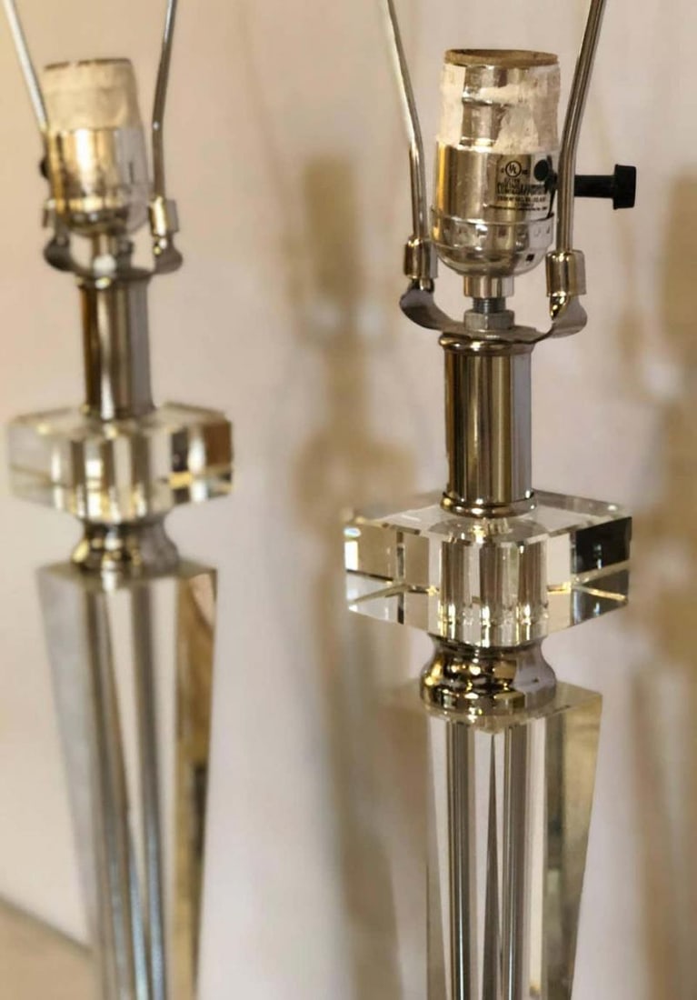 Pair of Hollywood Regency Style Glass and Chrome Table Lamps - 6