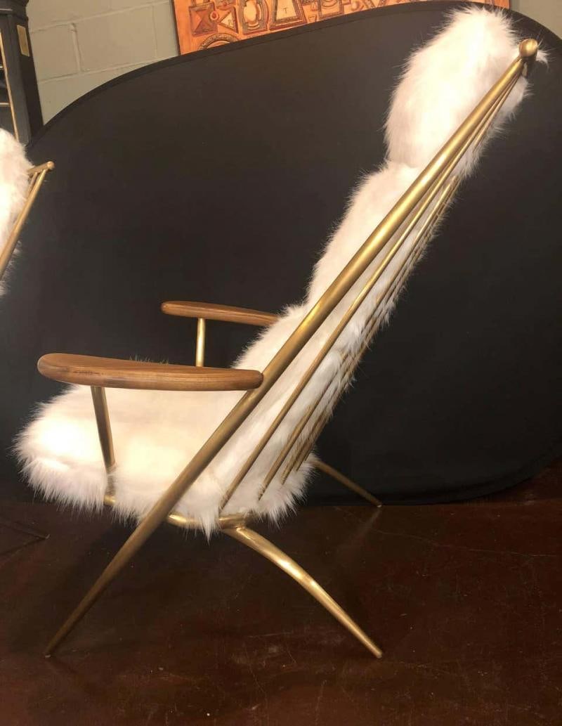 Pair of Hollywood Regency Style Fur Lounge or Chaise Chairs and Ottomans - 2
