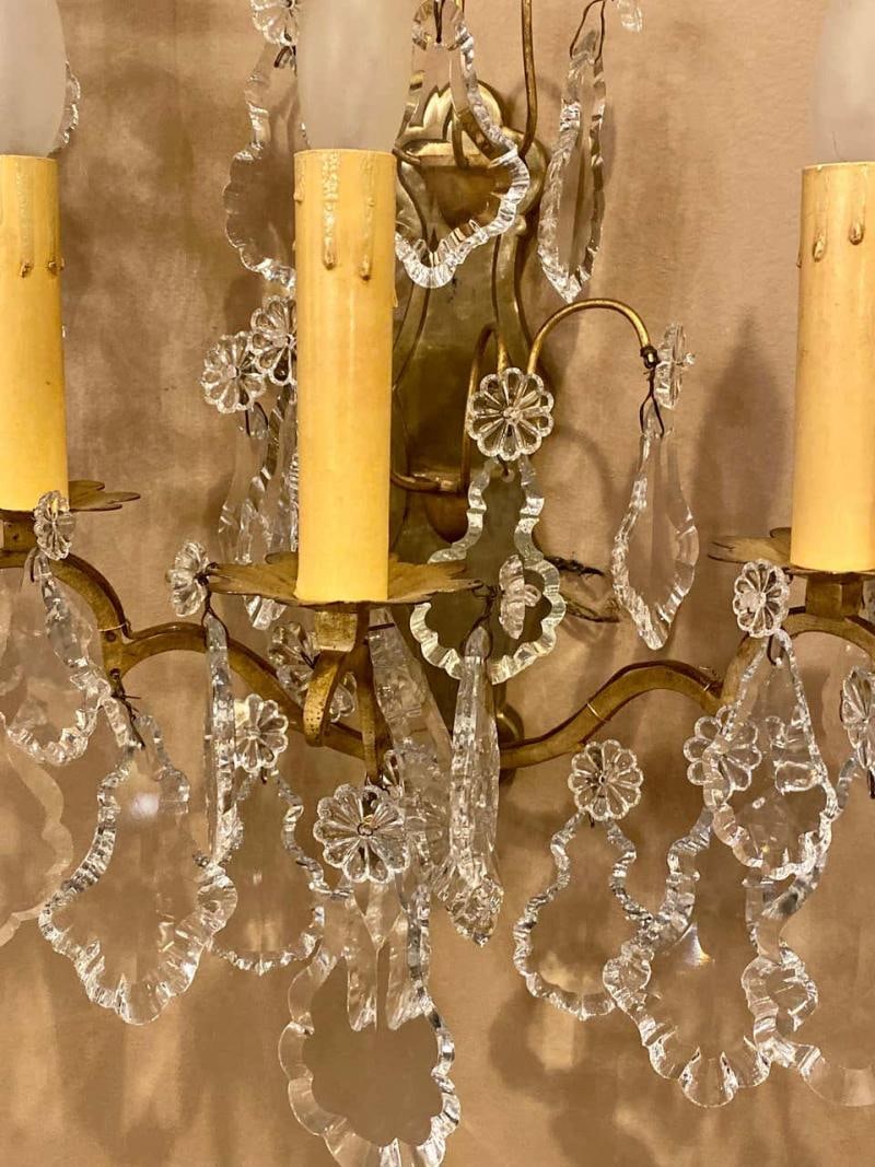 Gilt Bronze and Crystal Three-Light Wall Sconces French Early 20th Century, Pair - 9