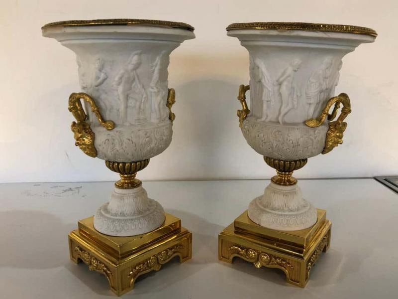 Neoclassical Sevres Parian and Doré Bronze Mounted Urns or Vases 1920s a Pair - 2