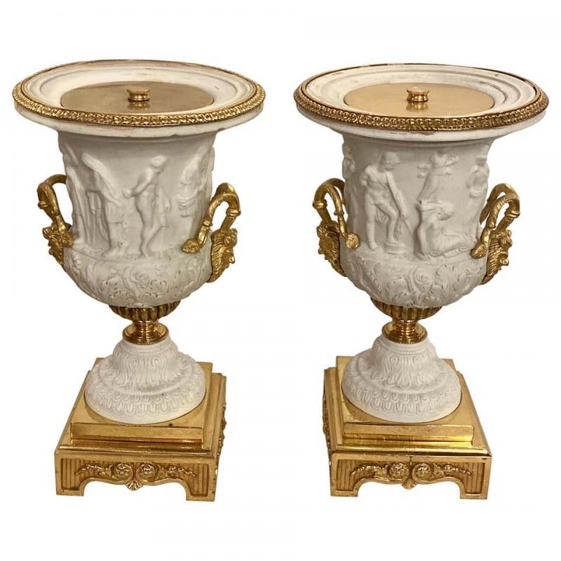 Neoclassical Sevres Parian and Doré Bronze Mounted Urns or Vases 1920s a Pair - 3