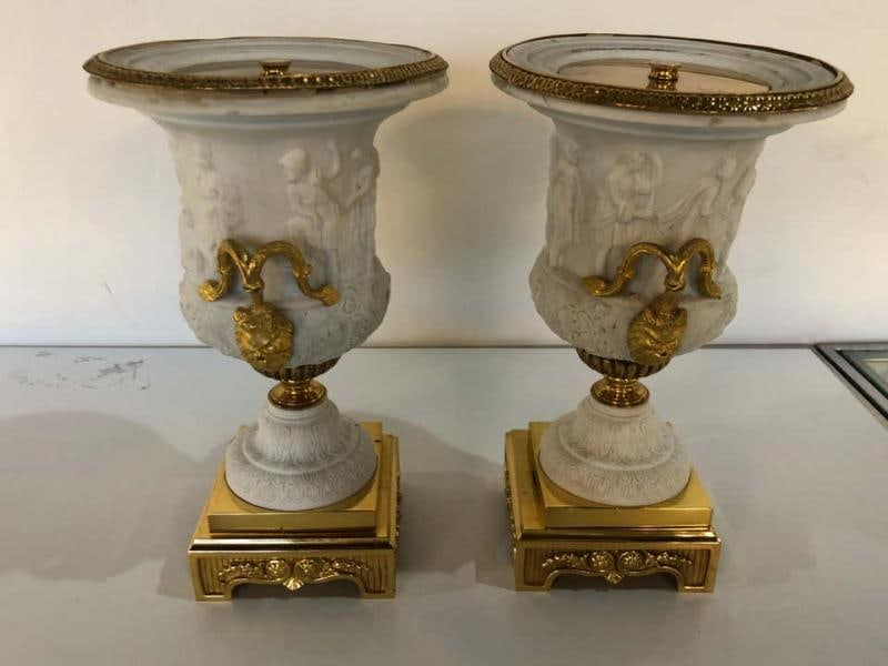 Neoclassical Sevres Parian and Doré Bronze Mounted Urns or Vases 1920s a Pair - 4