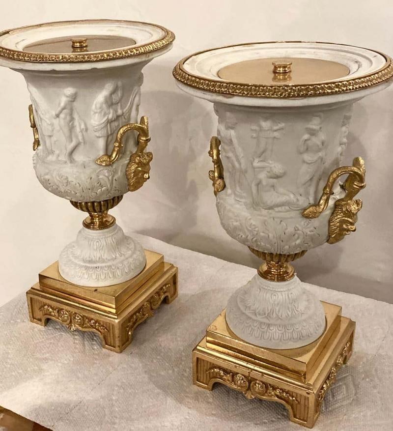 Neoclassical Sevres Parian and Doré Bronze Mounted Urns or Vases 1920s a Pair - 5