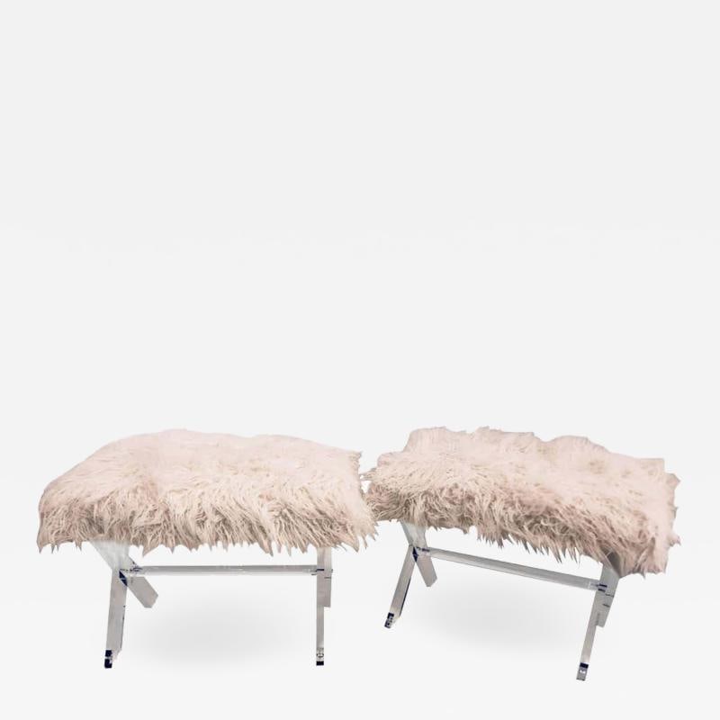 Pair of Hollywood Regency Style Lucite X Form Base Benches: Title: Pair of Hollywood Regency Style Lucite X Form Base Benches Description: A Pair of Lucite X Base Benches With White Hairy Seat Cushions. This fun and highly decorative pair of recent production