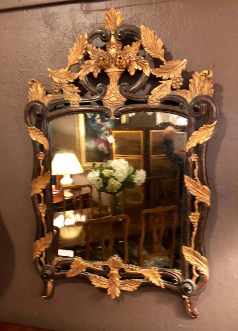 French Regency Antique Mirror of Mahogany and Gilt with Basket of Roses Design - 5