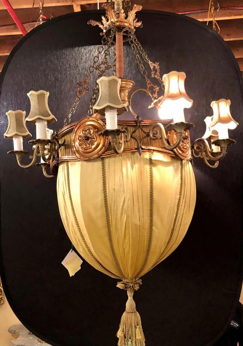 Palatial Light Fixture in Copper, Brass and Iron with Silk Dome Shade - 5