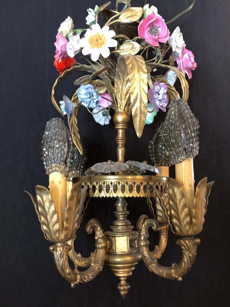 Bronze Louis XVI Style French Chandelier with Porcelain Flowers - 10
