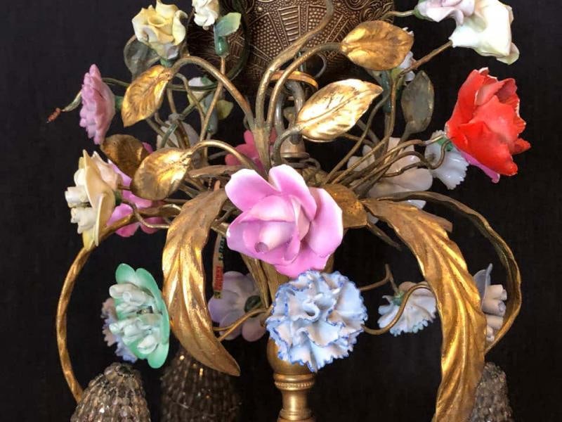 Bronze Louis XVI Style French Chandelier with Porcelain Flowers - 2