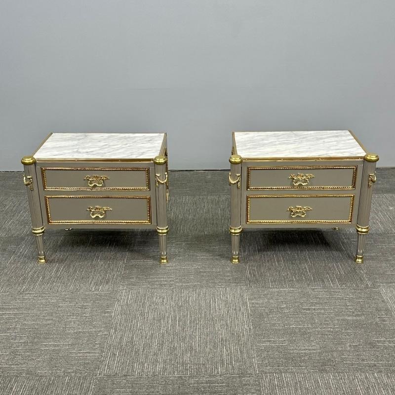 John Vesey Style, Hollywood Regency, Nightstands, Steel, Bronze, Marble, 2023 - 2