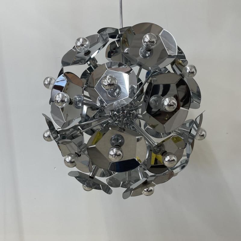 Large Italian Mid-Century Modern Sputnik Style Flower Chandelier, Round, Chrome - 2