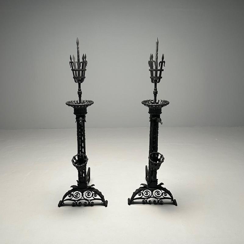 Pair Monumental Samuel Yellin Style Wrought Iron Andirons, Italian Renaissance - 10