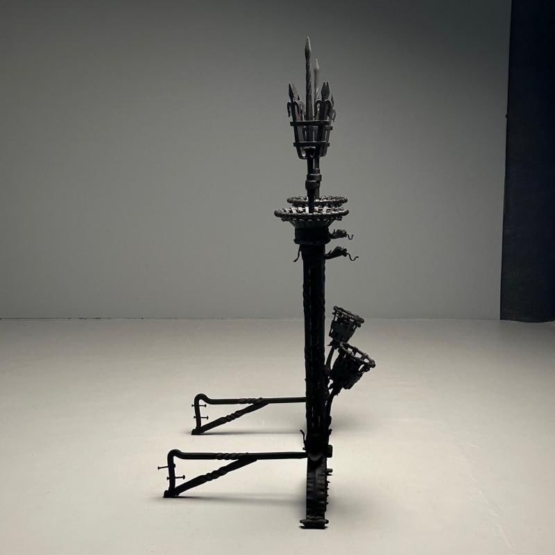 Pair Monumental Samuel Yellin Style Wrought Iron Andirons, Italian Renaissance - 11