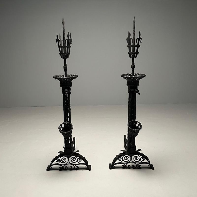 Pair Monumental Samuel Yellin Style Wrought Iron Andirons, Italian Renaissance - 12