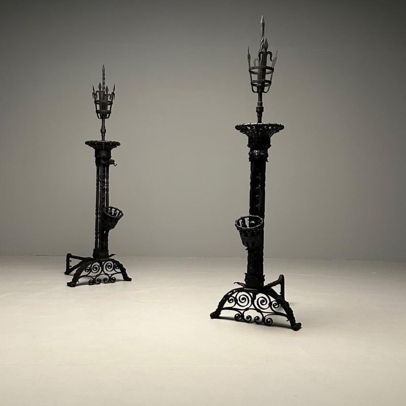 Pair Monumental Samuel Yellin Style Wrought Iron Andirons, Italian Renaissance - 2