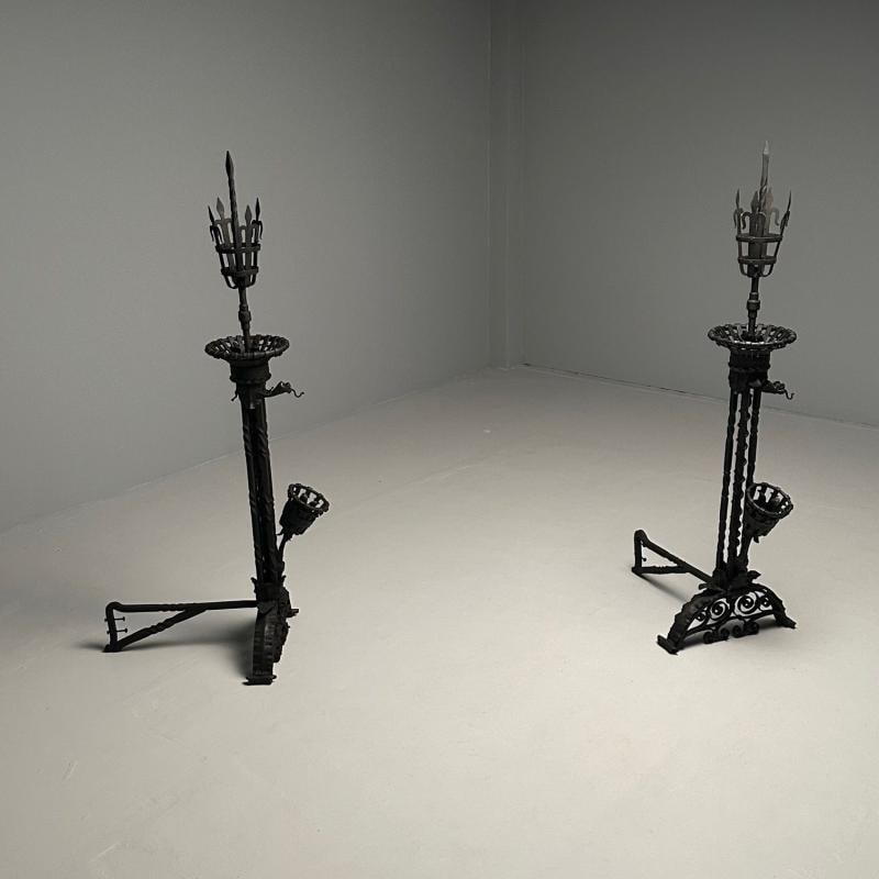Pair Monumental Samuel Yellin Style Wrought Iron Andirons, Italian Renaissance - 5