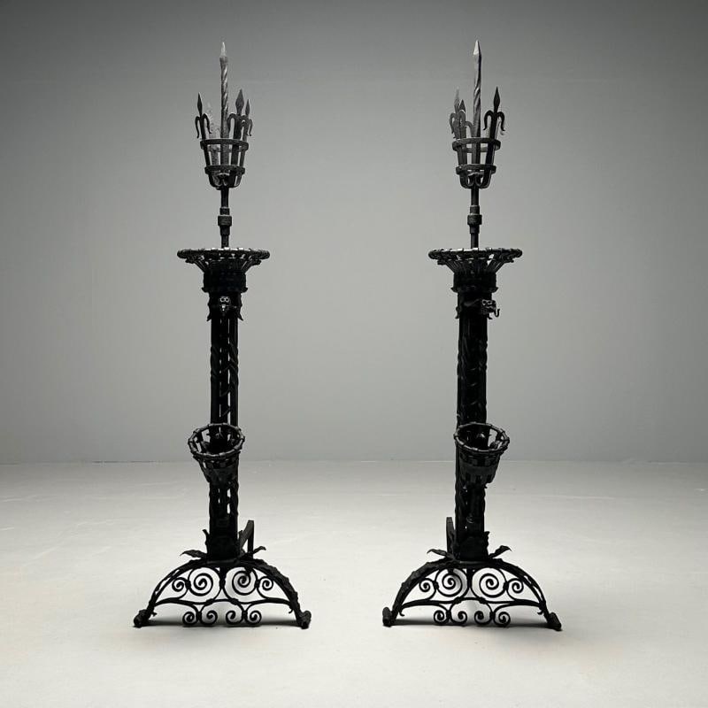 Pair Monumental Samuel Yellin Style Wrought Iron Andirons, Italian Renaissance - 6