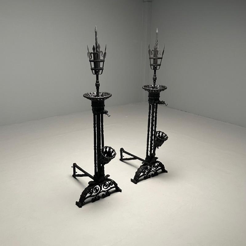 Pair Monumental Samuel Yellin Style Wrought Iron Andirons, Italian Renaissance - 9