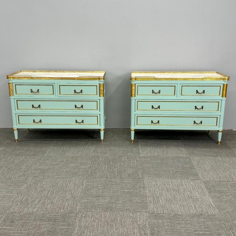 Louis XVI Hollywood Regency Jansen Style Mint Green Commodes / Nightstands - 3