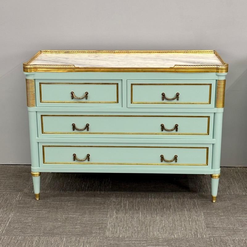 Louis XVI Hollywood Regency Jansen Style Mint Green Commodes / Nightstands - 5