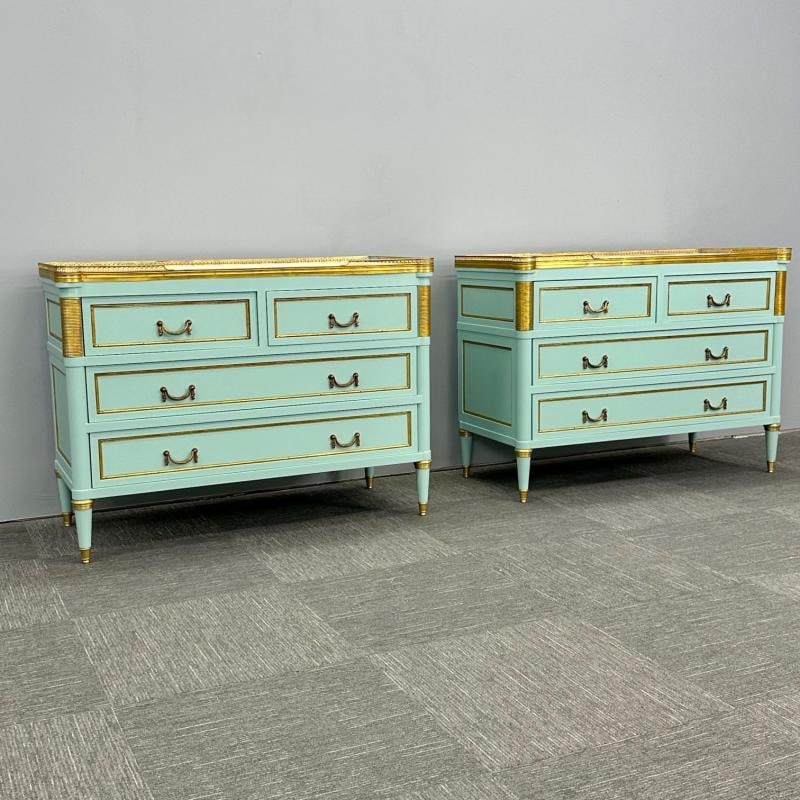 Louis XVI Hollywood Regency Jansen Style Mint Green Commodes / Nightstands - 7