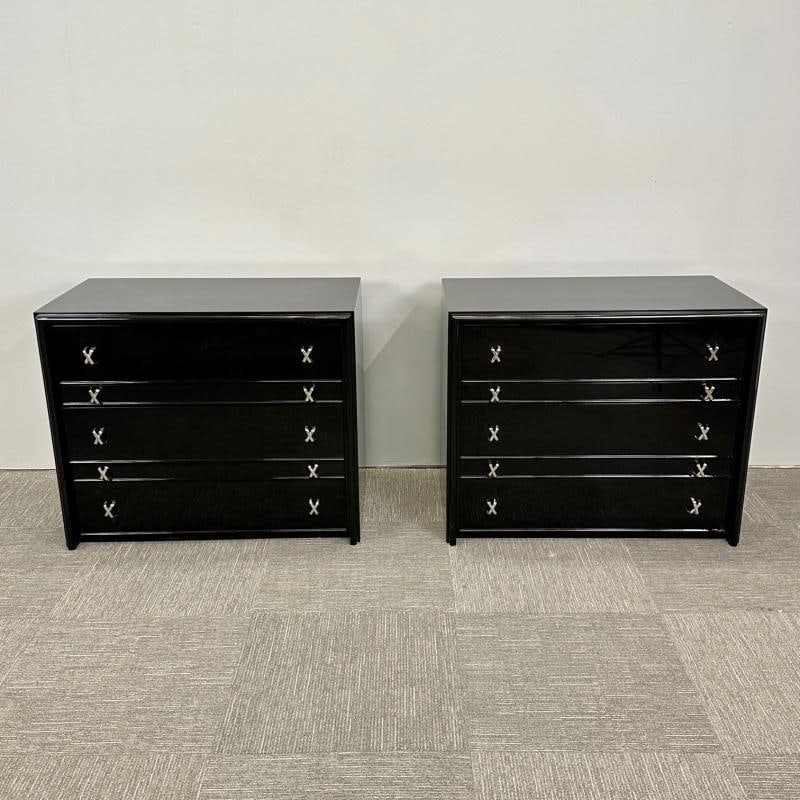 Pair Mid-Century Modern Commodes / Nightstands, Paul Frankl Style, Ebony Lacquer - 3