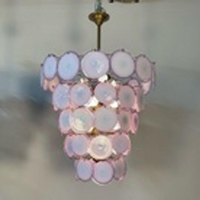 Pair Murano Disc Mid-Century Modern Tiered Chandelier, Antiqued Brass, New Wired - 10