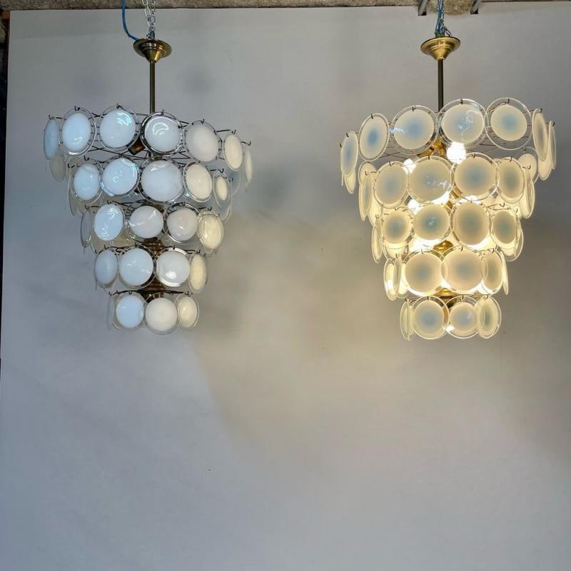 Pair Murano Disc Mid-Century Modern Tiered Chandelier, Antiqued Brass, New Wired - 11