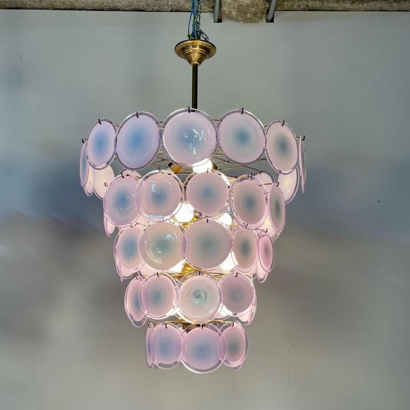 Pair Murano Disc Mid-Century Modern Tiered Chandelier, Antiqued Brass, New Wired - 4