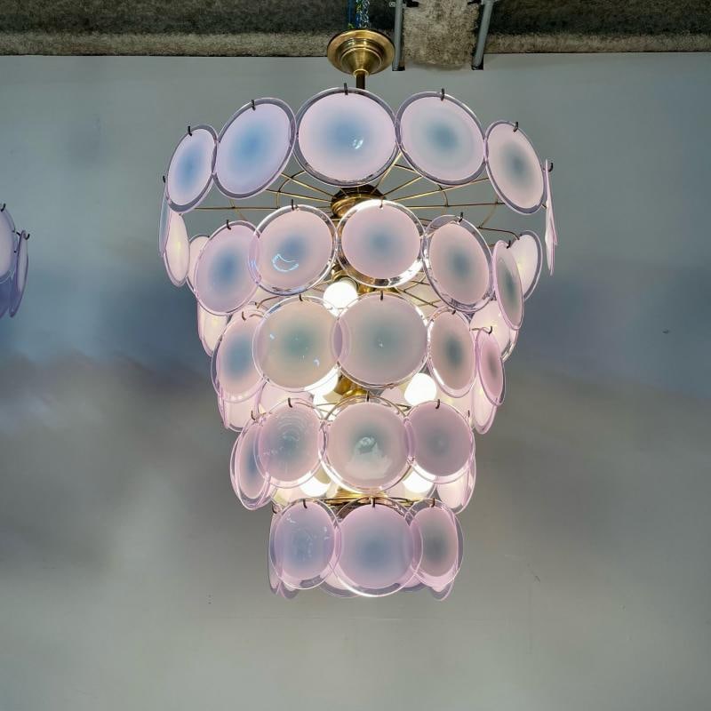 Pair Murano Disc Mid-Century Modern Tiered Chandelier, Antiqued Brass, New Wired - 5