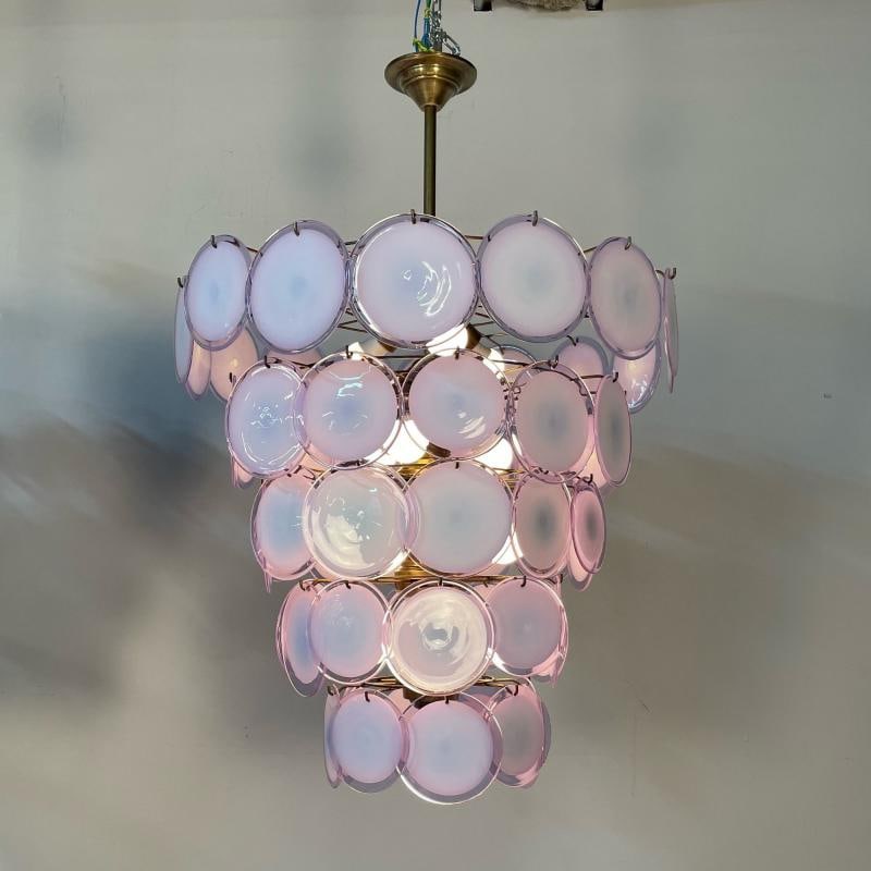 Pair Murano Disc Mid-Century Modern Tiered Chandelier, Antiqued Brass, New Wired - 6