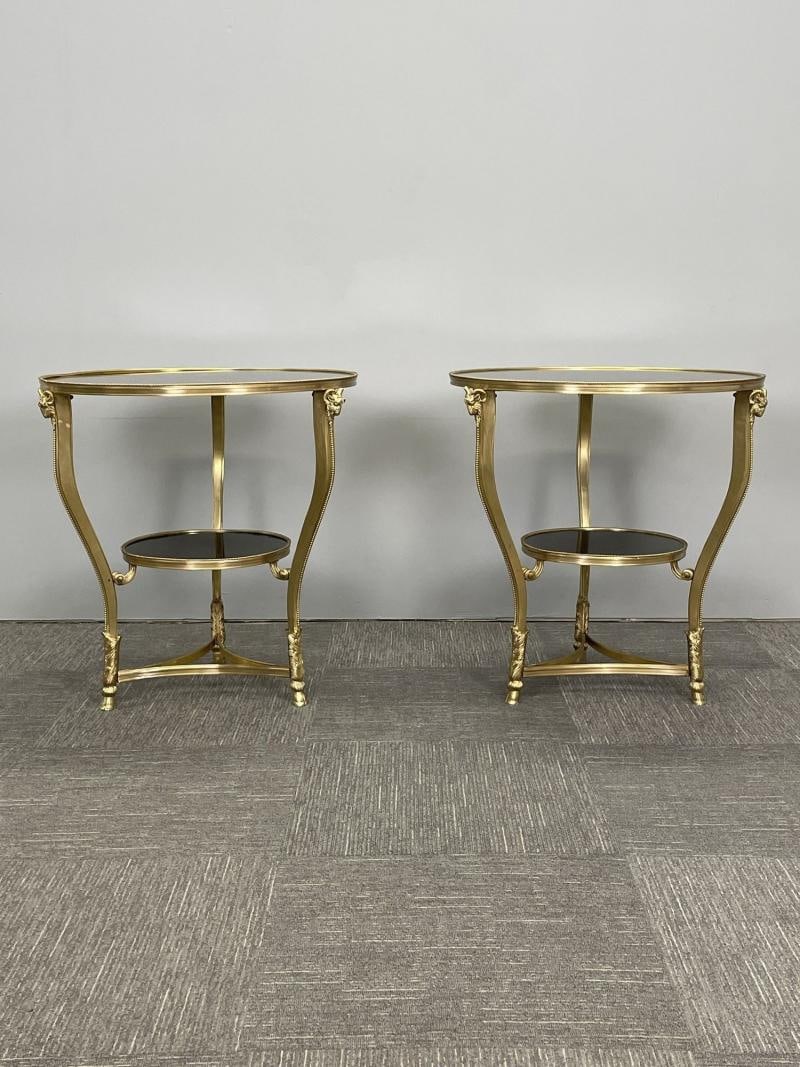Pair of French Rams Head Gueridon, End or Side Tables, Black Marble Top, Bronze - 2