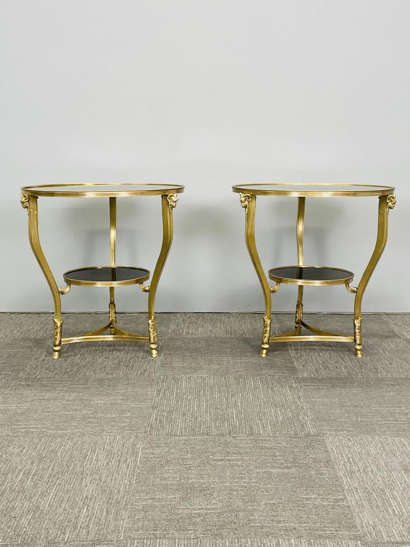 Pair of French Rams Head Gueridon, End or Side Tables, Black Marble Top, Bronze - 3