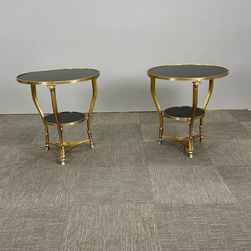 Pair of French Rams Head Gueridon, End or Side Tables, Black Marble Top, Bronze - 4