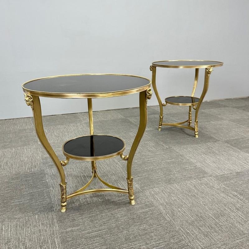 Pair of French Rams Head Gueridon, End or Side Tables, Black Marble Top, Bronze - 6