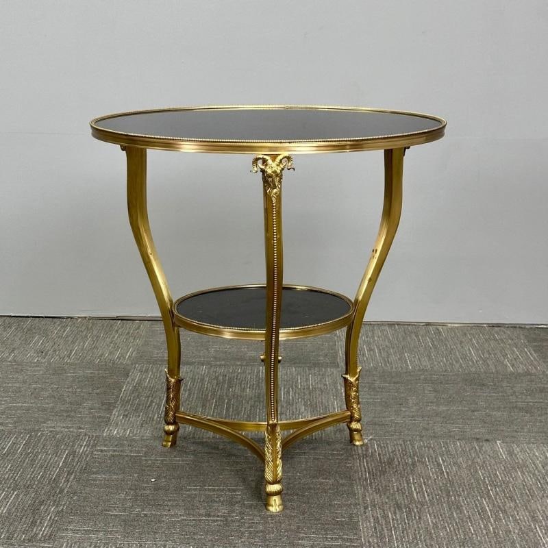 Pair of French Rams Head Gueridon, End or Side Tables, Black Marble Top, Bronze - 7