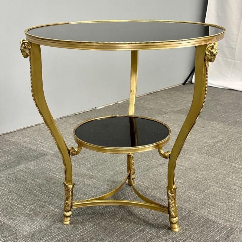 Pair of French Rams Head Gueridon, End or Side Tables, Black Marble Top, Bronze - 8