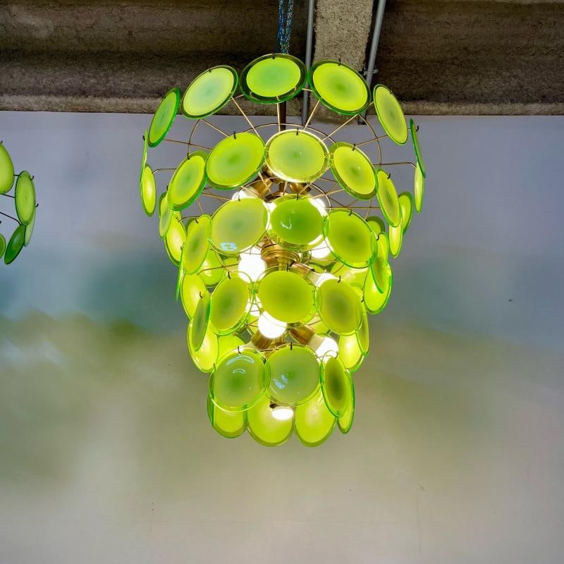 Pair of Murano Disc Mid-Century Modern Chandeliers, Antique Brass, New Wired - 12