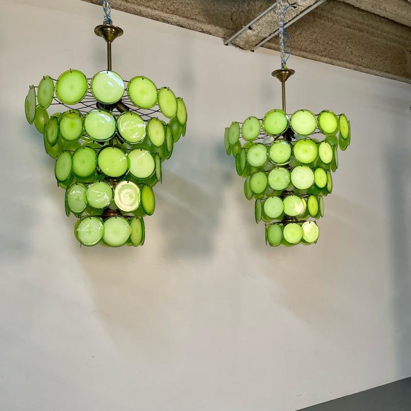 Pair of Murano Disc Mid-Century Modern Chandeliers, Antique Brass, New Wired - 2